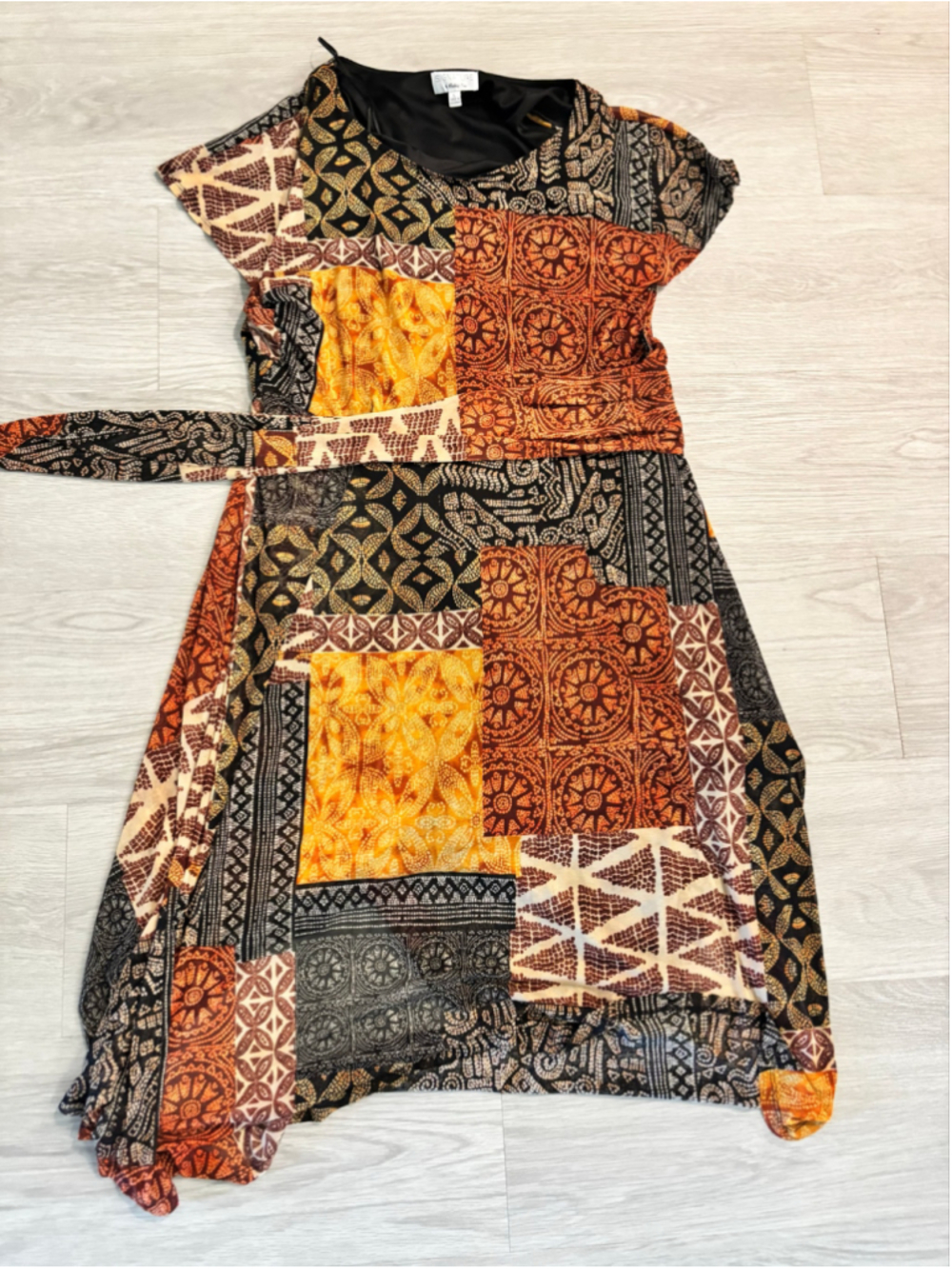 Robbie Bee Patchwork Mesh Midi Dress Short Sleeve Earthy Boho Pleated L